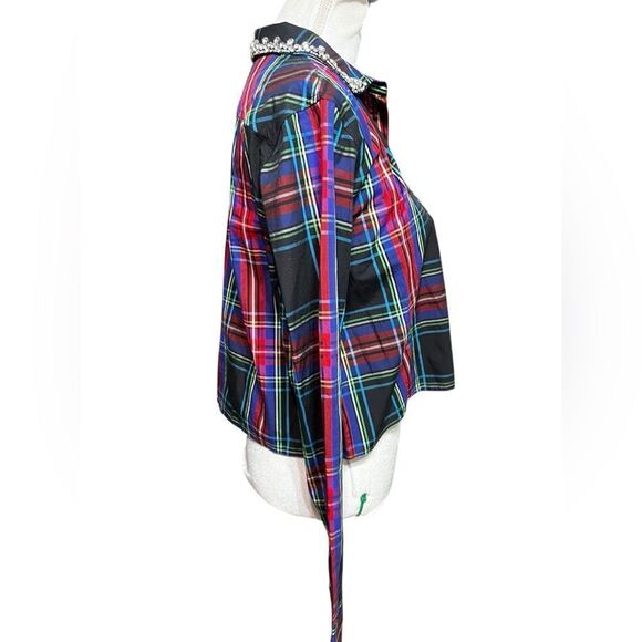 J.Crew Collection embellished cropped button-up shirt Stewart tartan cotton 8 - Picture 3 of 7